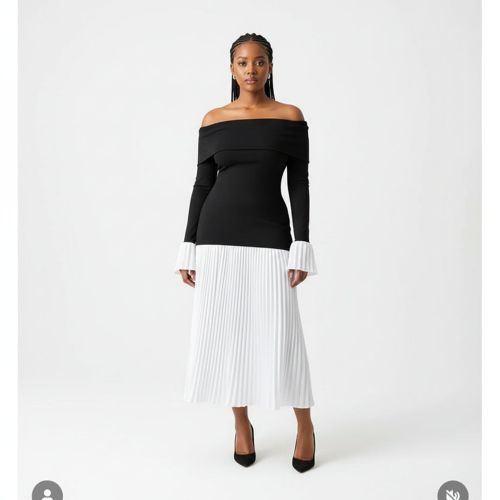 Off Shoulder Bottom Pleated Dress