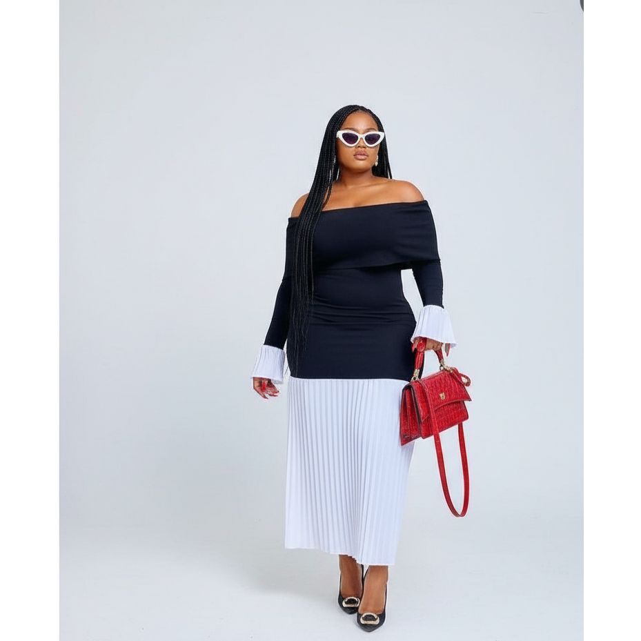 Off Shoulder Bottom Pleated Dress