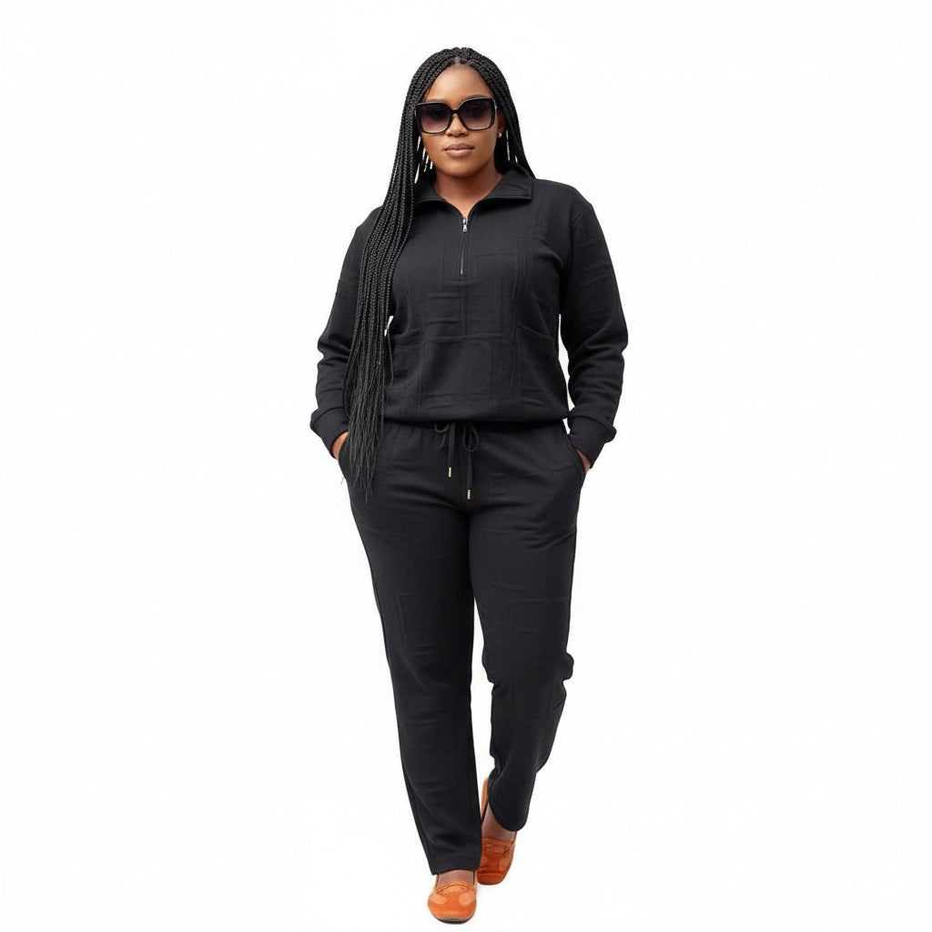 2 Piece Lounge Set with Zipper and Drawstring Waistband