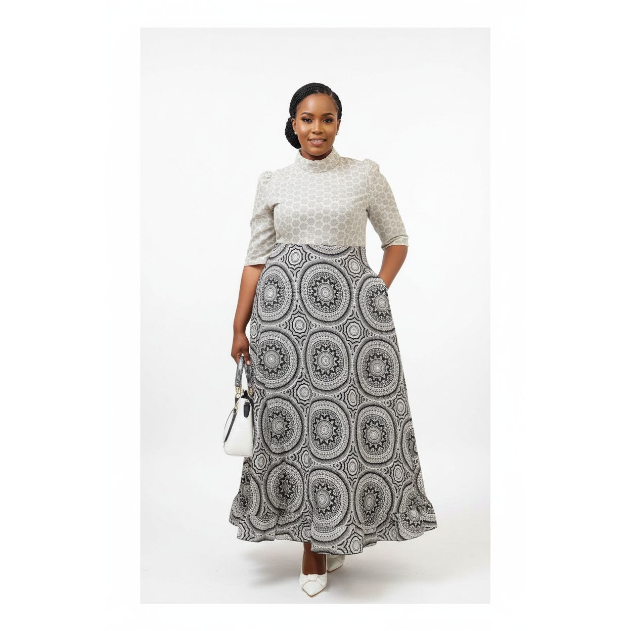 O-Neck Long Sleeve Maxi Ankara Dress.