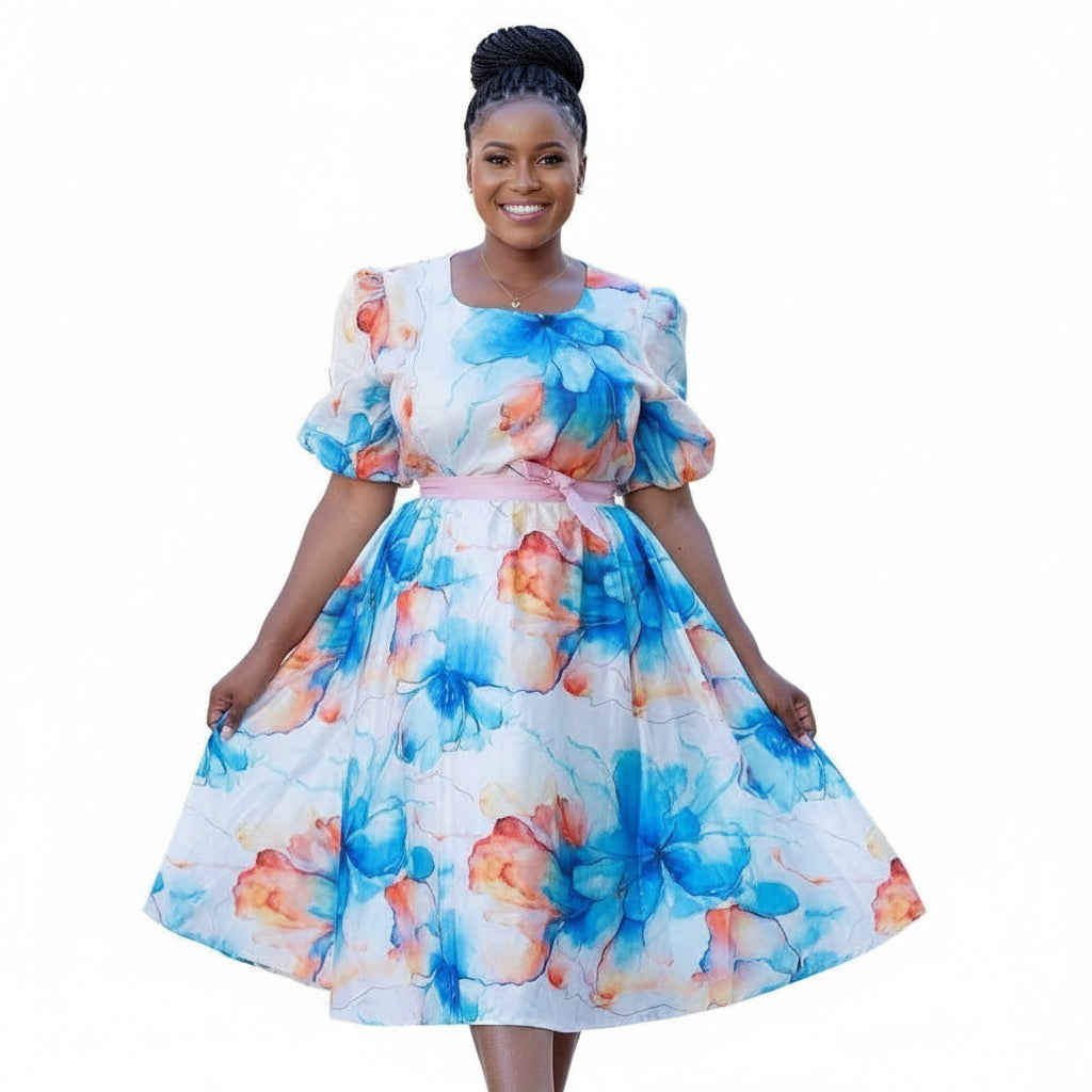 Floral Pleated Print Fit and Flare Midi Dress