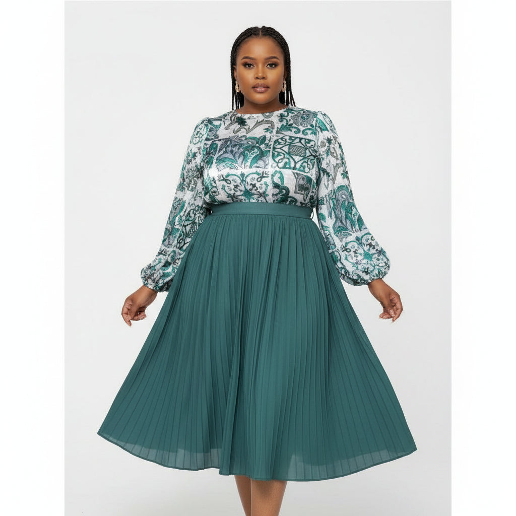 Floral Pleated Flourish Top Fit and Flare Midi Skirt 2 Piece Set