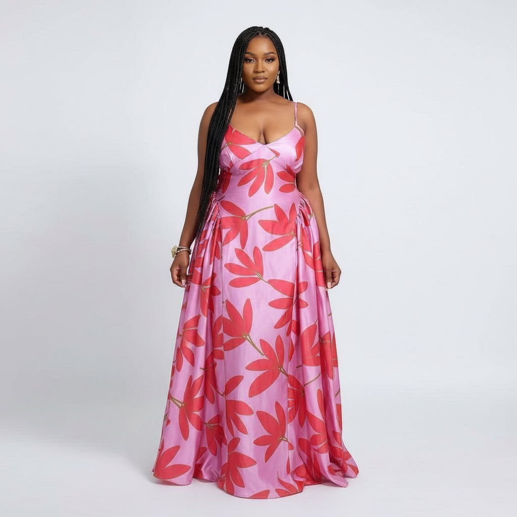 Floral Spaghetti Strap Pleated Maxi Dress.