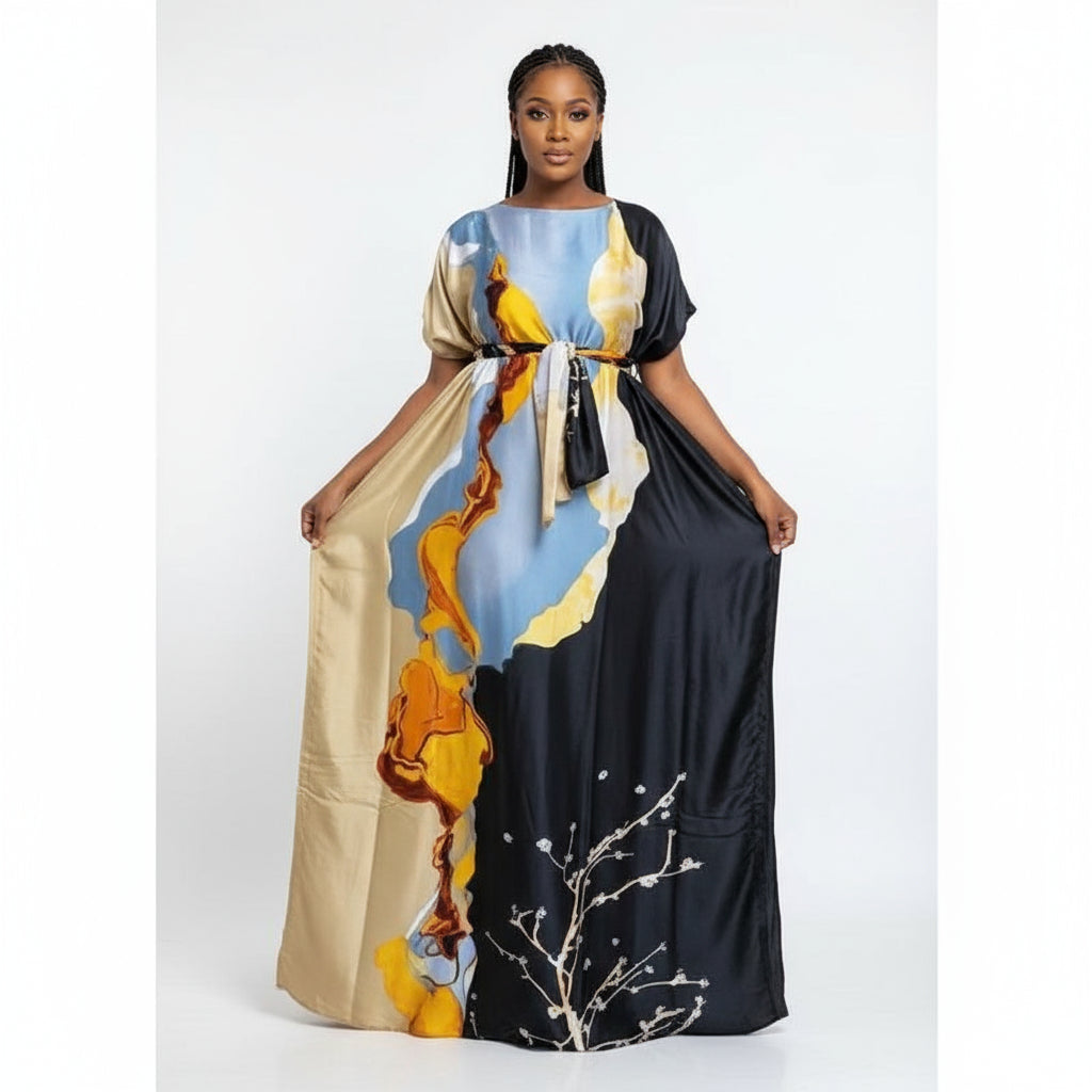 Mix-Color Kaftan African Dashiki Silk Soft Print Loose Dress