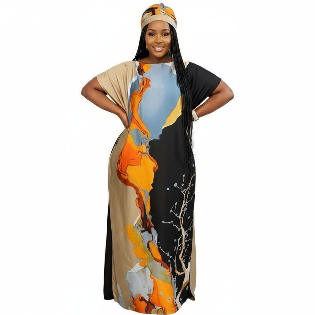 Mix-Color Kaftan African Dashiki Silk Soft Print Loose Dress