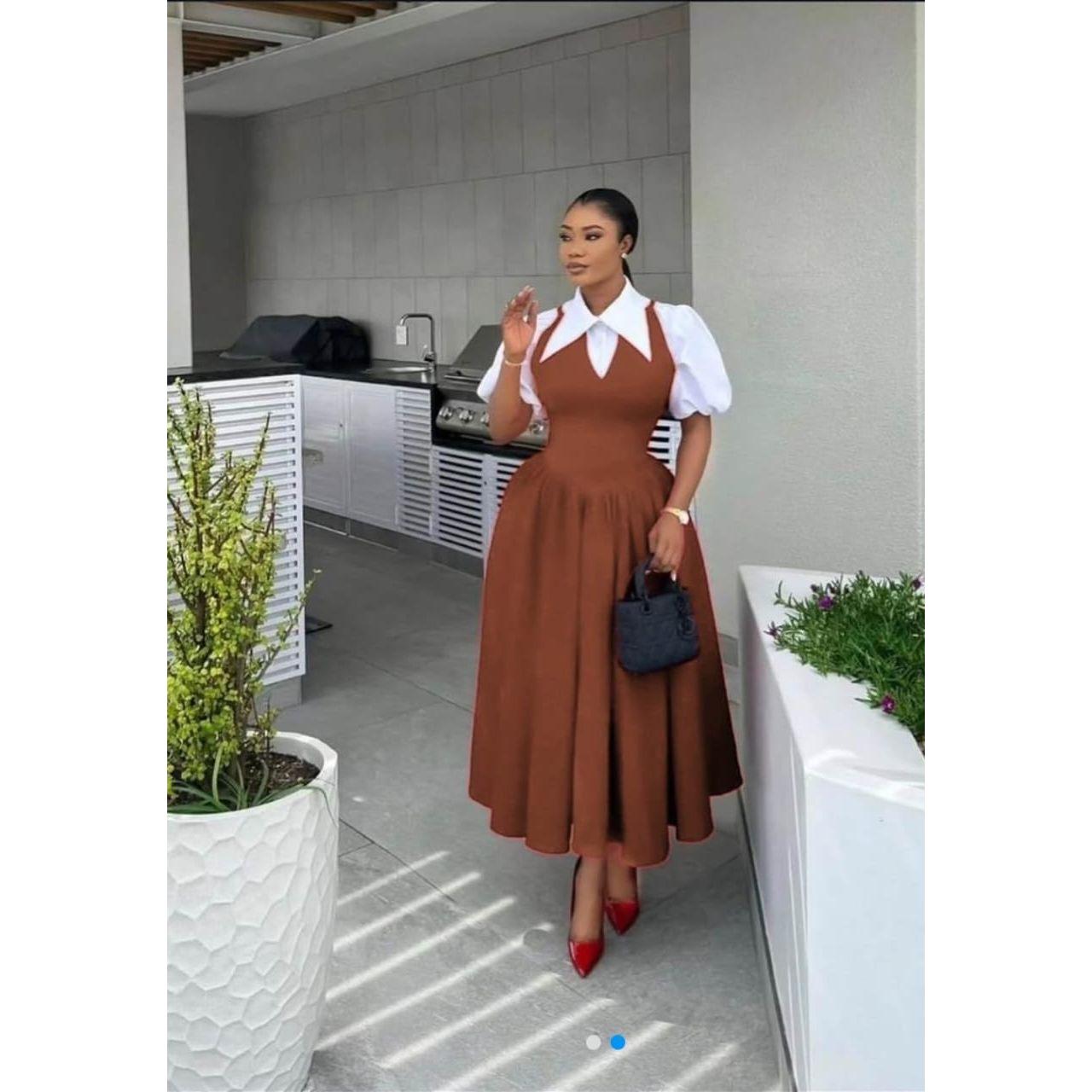 Bubble Sleeve Shirt Collar High Waist Slimming Dress