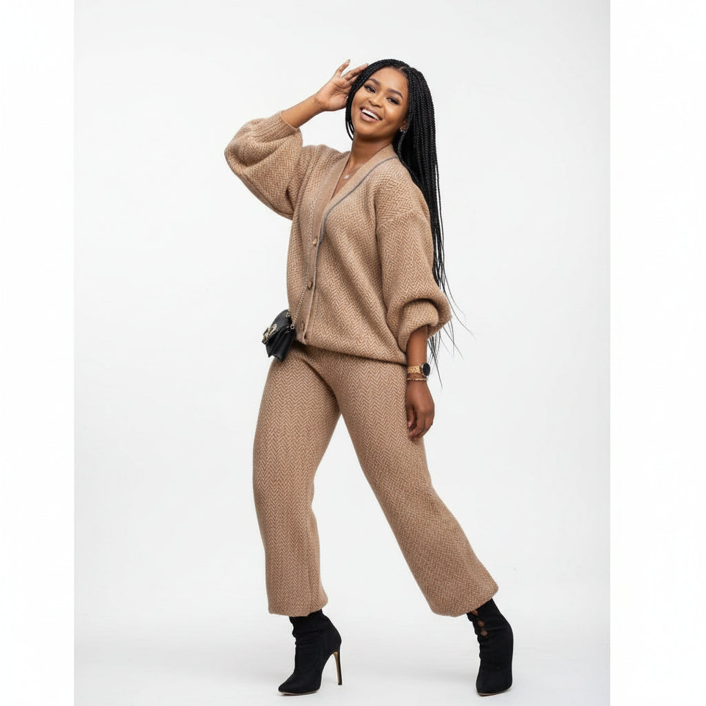 2 Piece Knitted Long Sleeved Cardigan  & Loose Pants