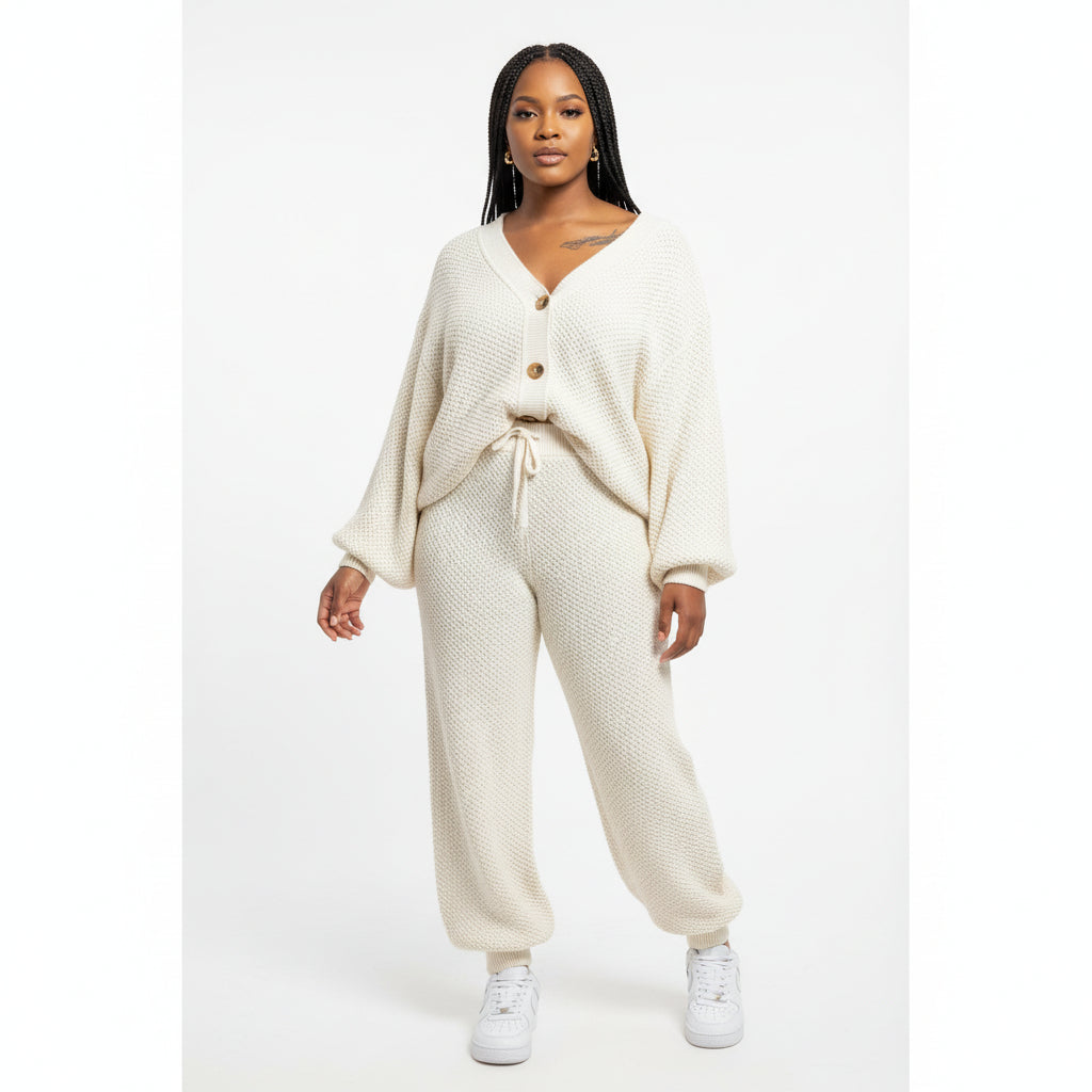 2 Piece Knitted Long Sleeved Cardigan  & Loose Pants