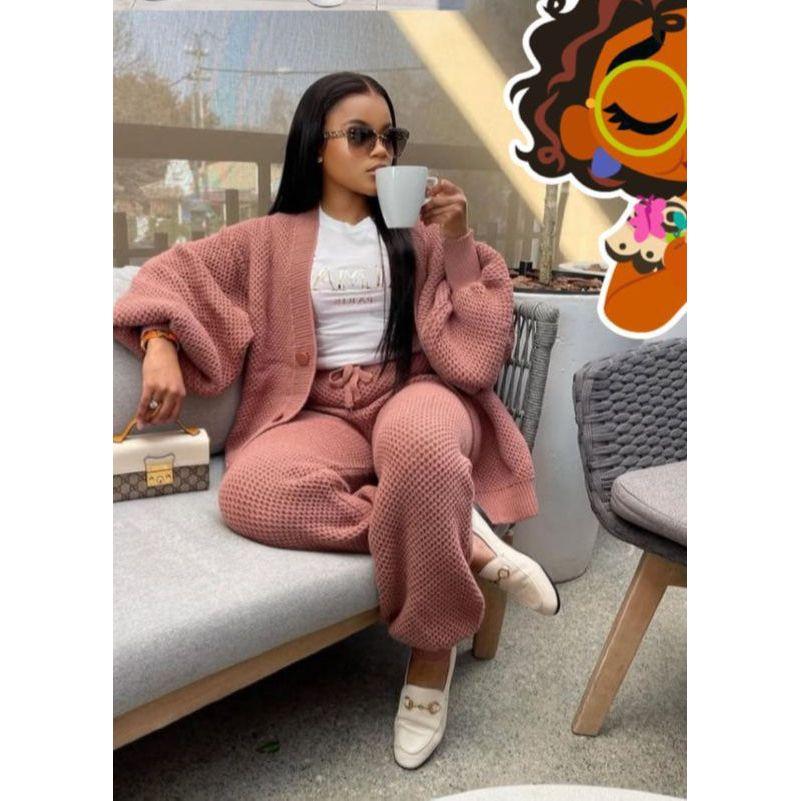 2 Piece Knitted Long Sleeved Cardigan  & Loose Pants