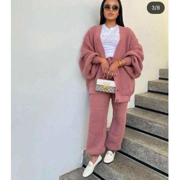 2 Piece Knitted Long Sleeved Cardigan  & Loose Pants