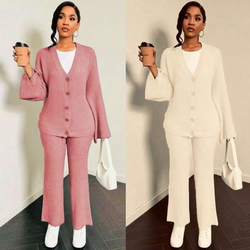 2 Piece Knitted Long Sleeved Cardigan  & Loose Pants