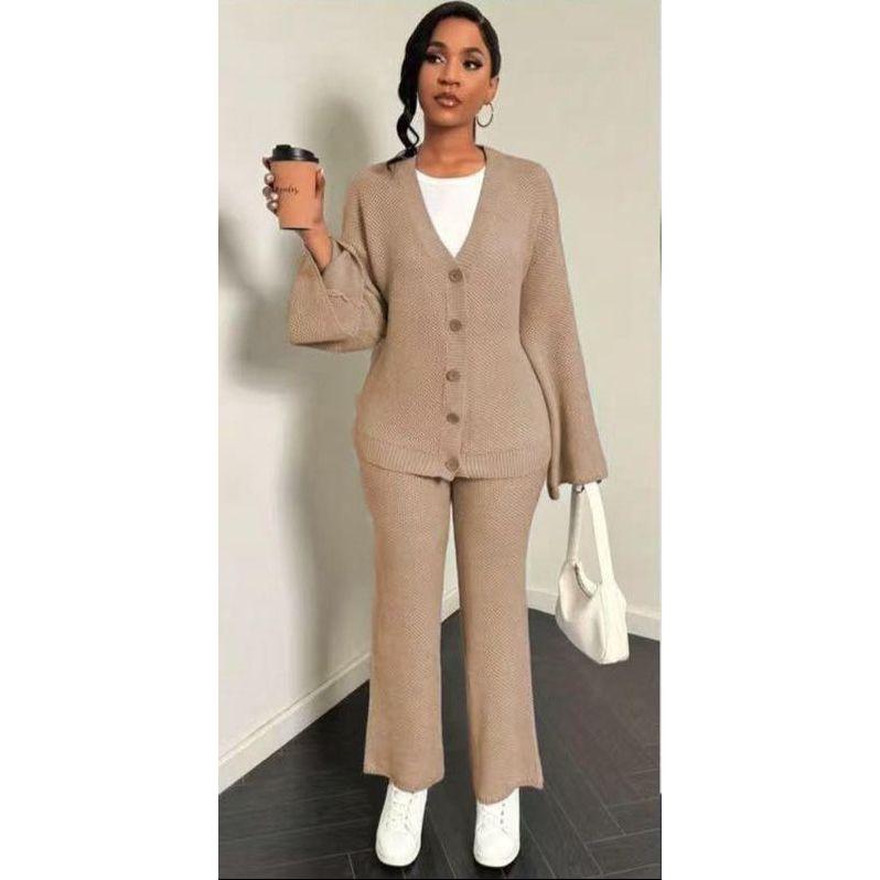 2 Piece Knitted Long Sleeved Cardigan  & Loose Pants