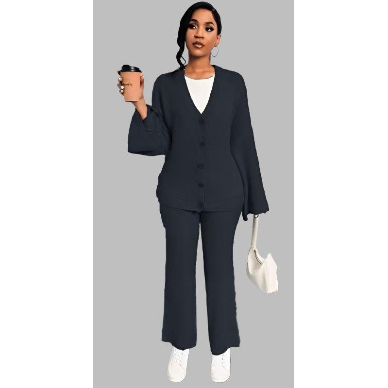 2 Piece Knitted Long Sleeved Cardigan  & Loose Pants