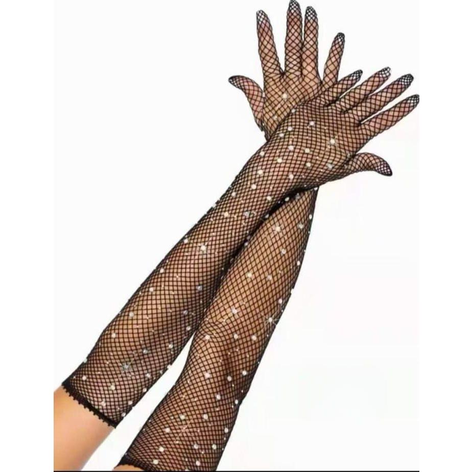 Rhinestone Fishnet Hand Gloves