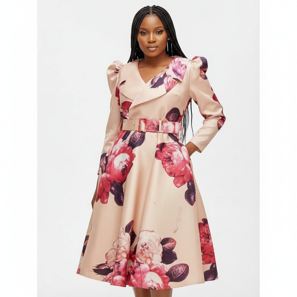 Long Sleeve Waist Cinching Floral Print Dress
