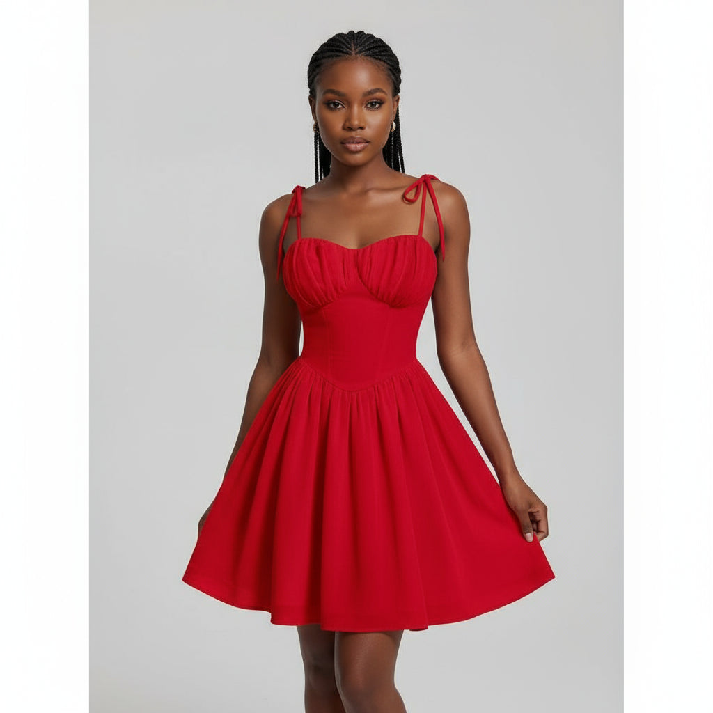 Ruched Spaghetti Strap Contrast Lace Peplum Mini Dress