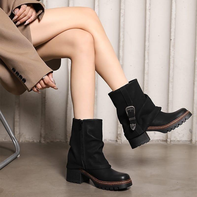 Pleated Buckle Knight Boot PU Leather Mid Calf Boots
