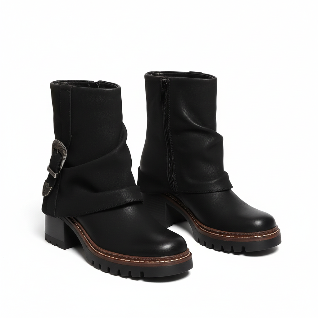 Pleated Buckle Knight Boot PU Leather Mid Calf Boots