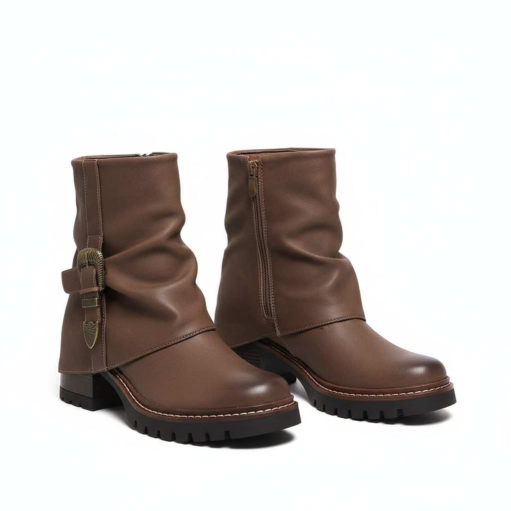 Pleated Buckle Knight Boot PU Leather Mid Calf Boots