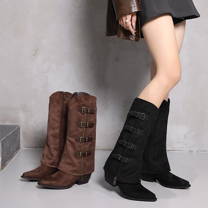 Leather Buckle Decor High Heel Pointed Toe