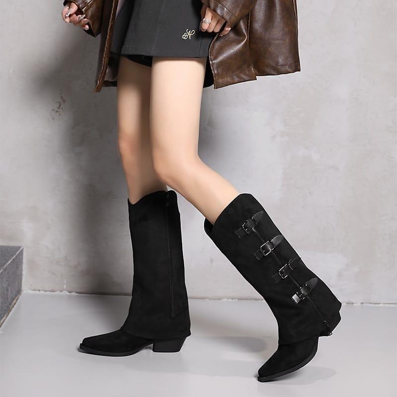 Leather Buckle Decor High Heel Pointed Toe
