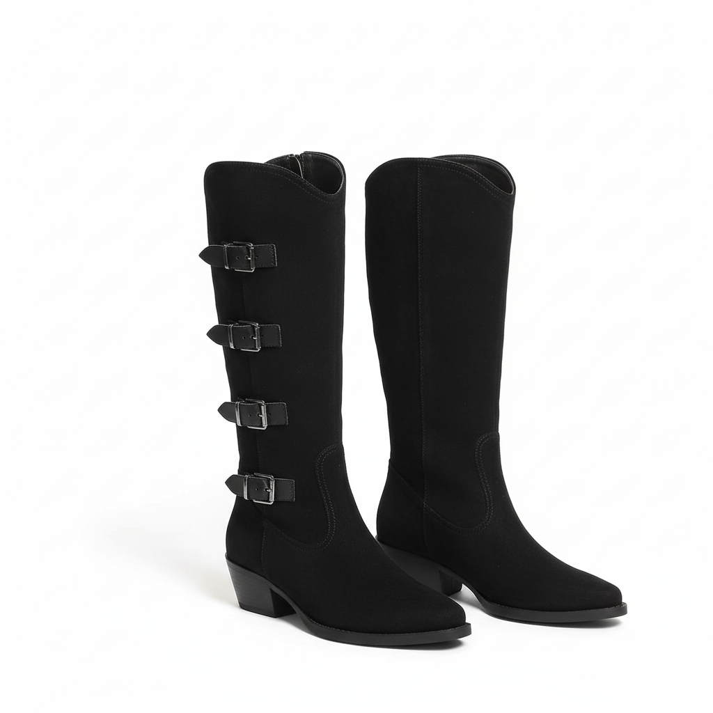 Leather Buckle Decor High Heel Pointed Toe