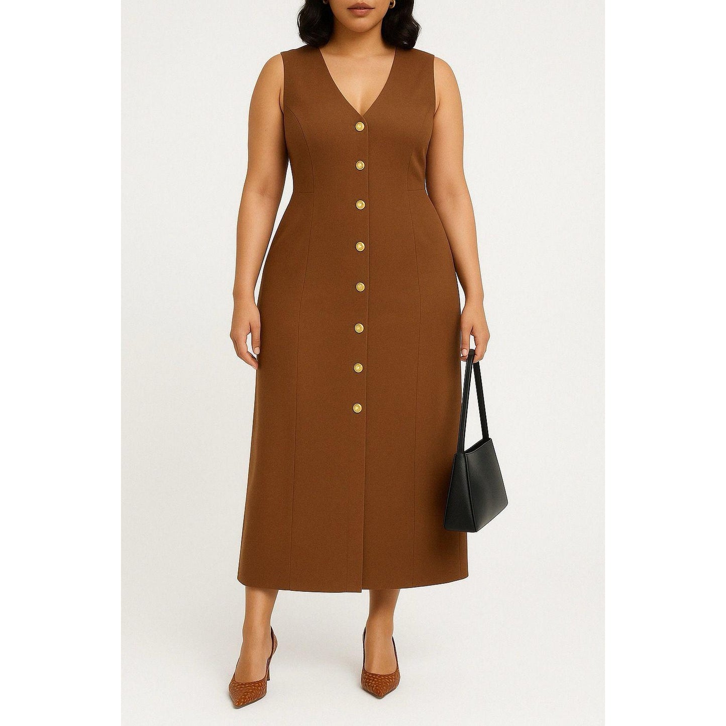 Sleeveless V-Neck Button Detailed Dress