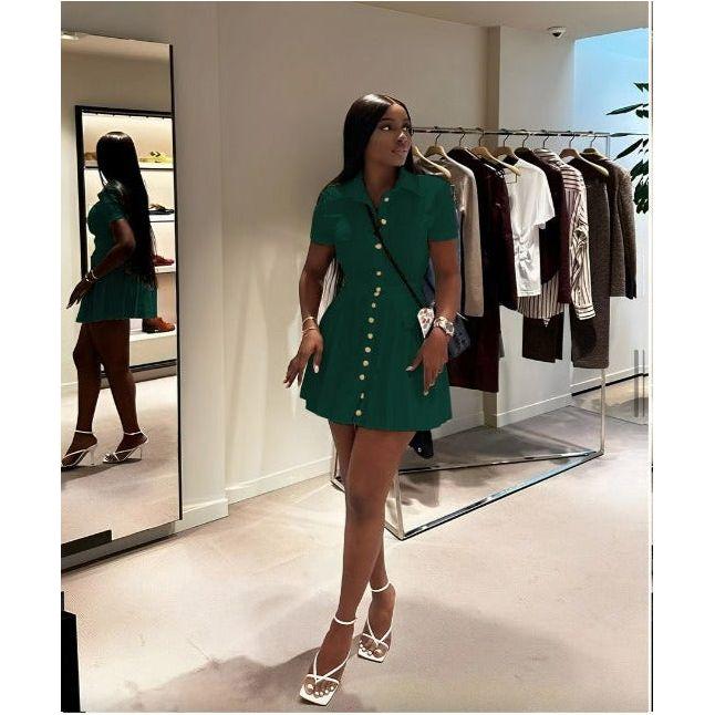 Button Collar Short Sleeve Mini Dress.