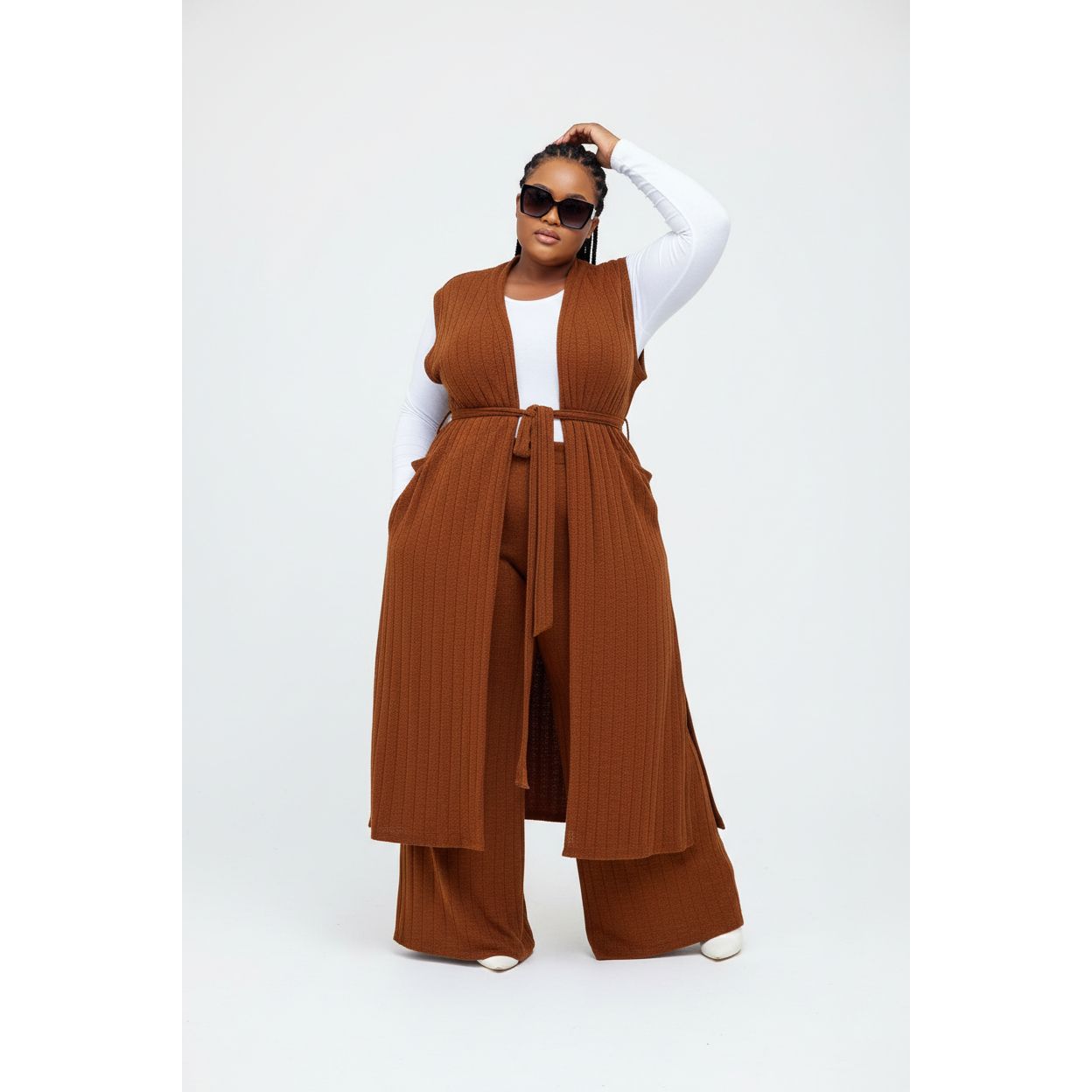Tube Crop Long Cardigan Cover Up & Bodycon Pants Set