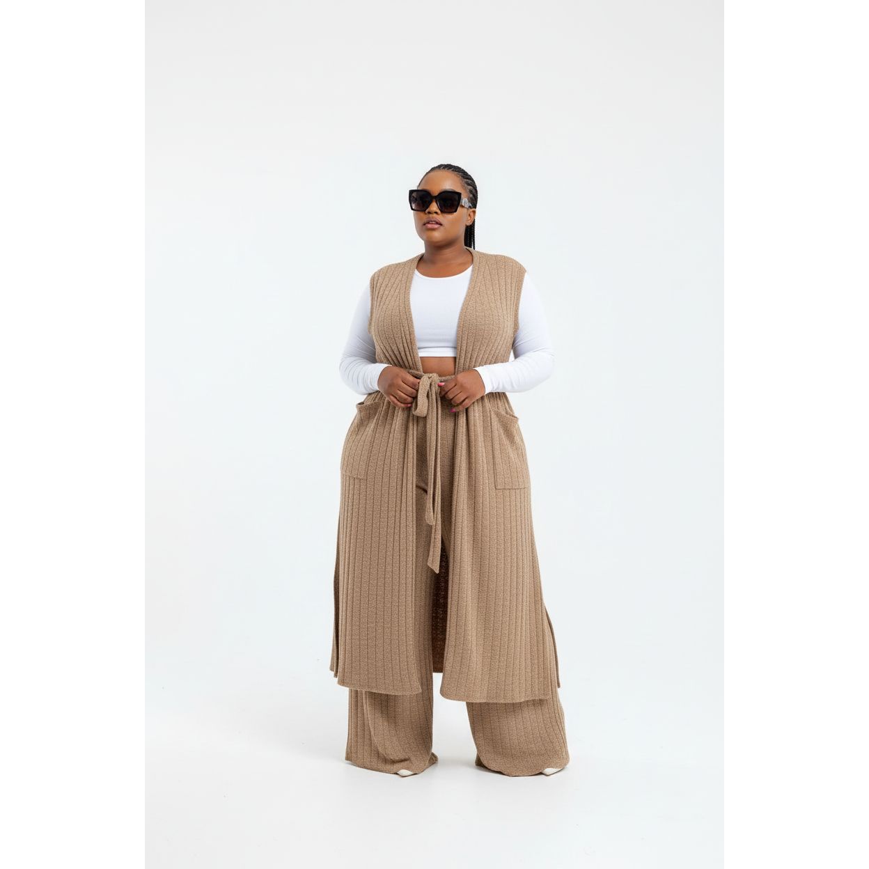 Tube Crop Long Cardigan Cover Up & Bodycon Pants Set