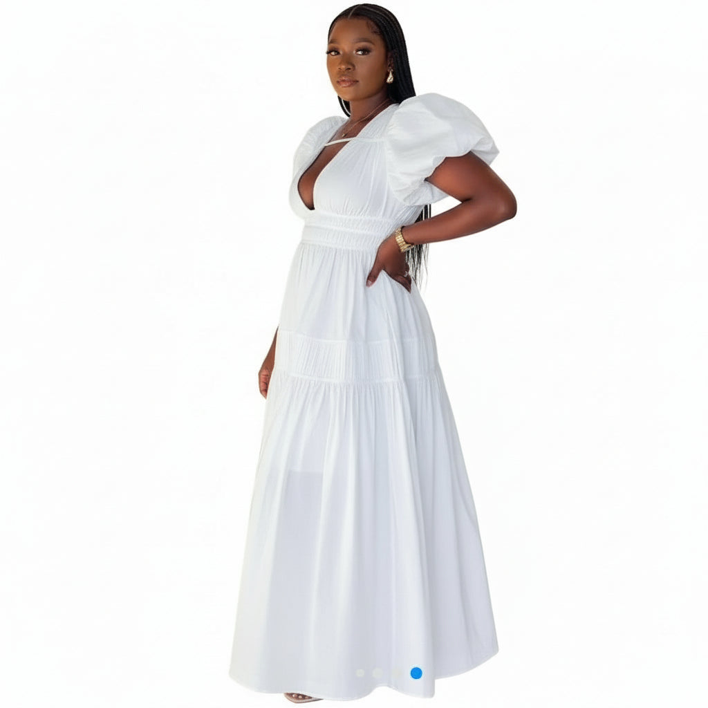 V-Neck Detailed Puffer Sleeve Maxi Dress