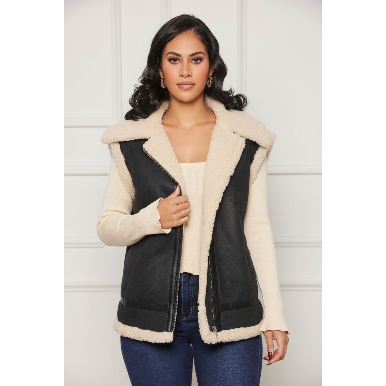 Solid Color Teddy Lined Zip Up Vest Jacket