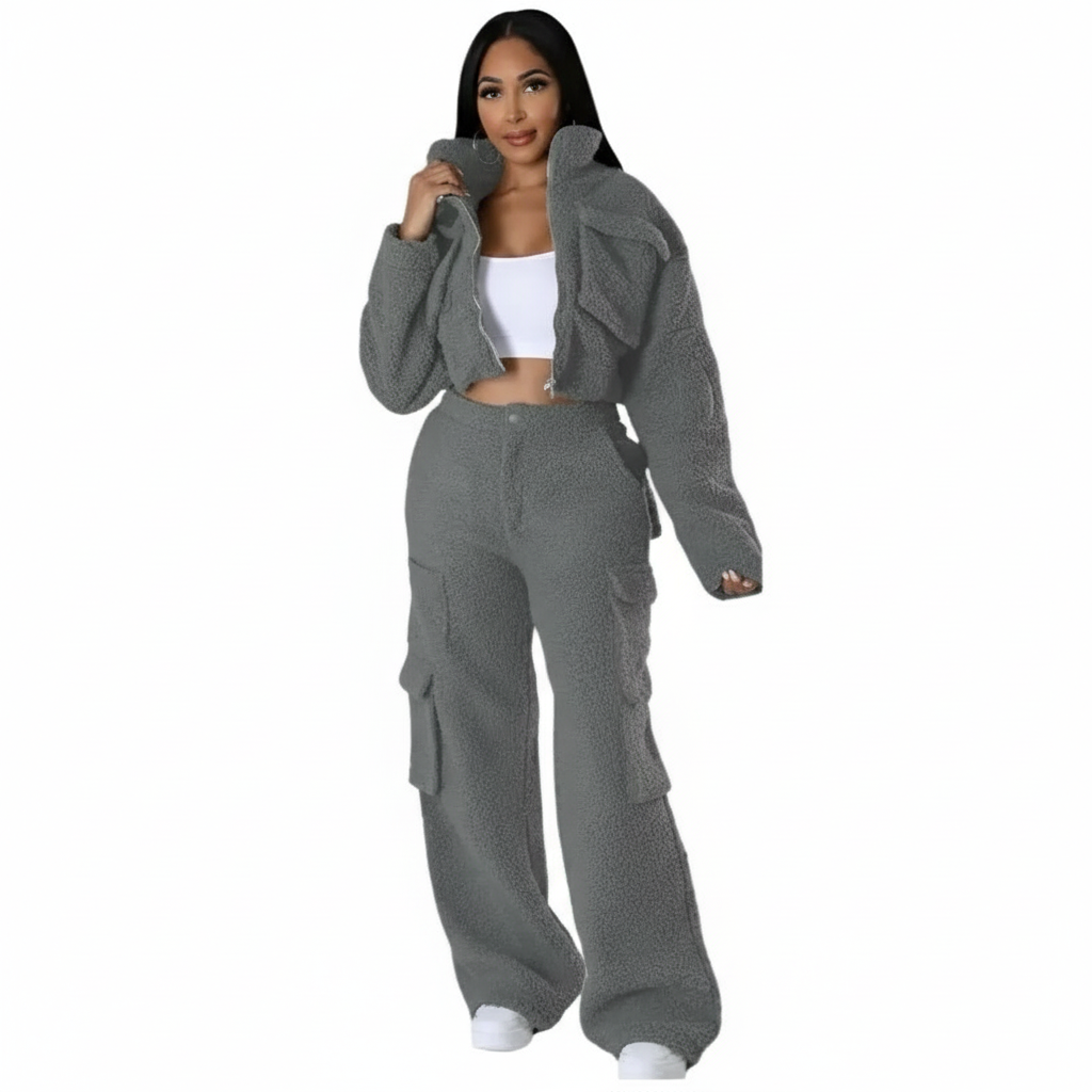 Tracksuits Solid Jacket With Cargo Pants Two Piece Set