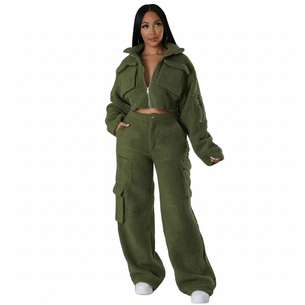 Tracksuits Solid Jacket With Cargo Pants Two Piece Set