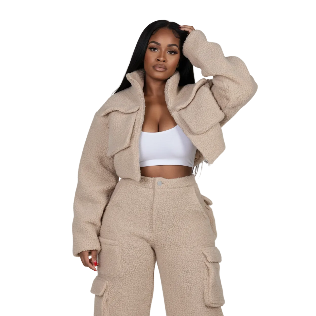 Tracksuits Solid Jacket With Cargo Pants Two Piece Set