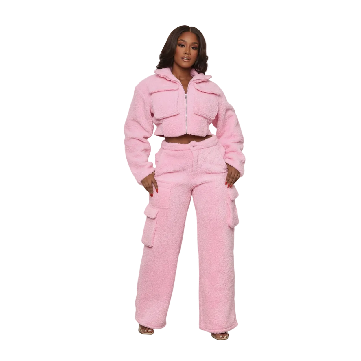 Tracksuits Solid Jacket With Cargo Pants Two Piece Set