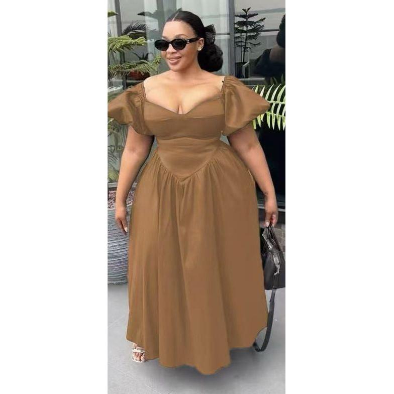 Sweetheart Collar Cap Sleeve Ruched Swing Maxi Dress