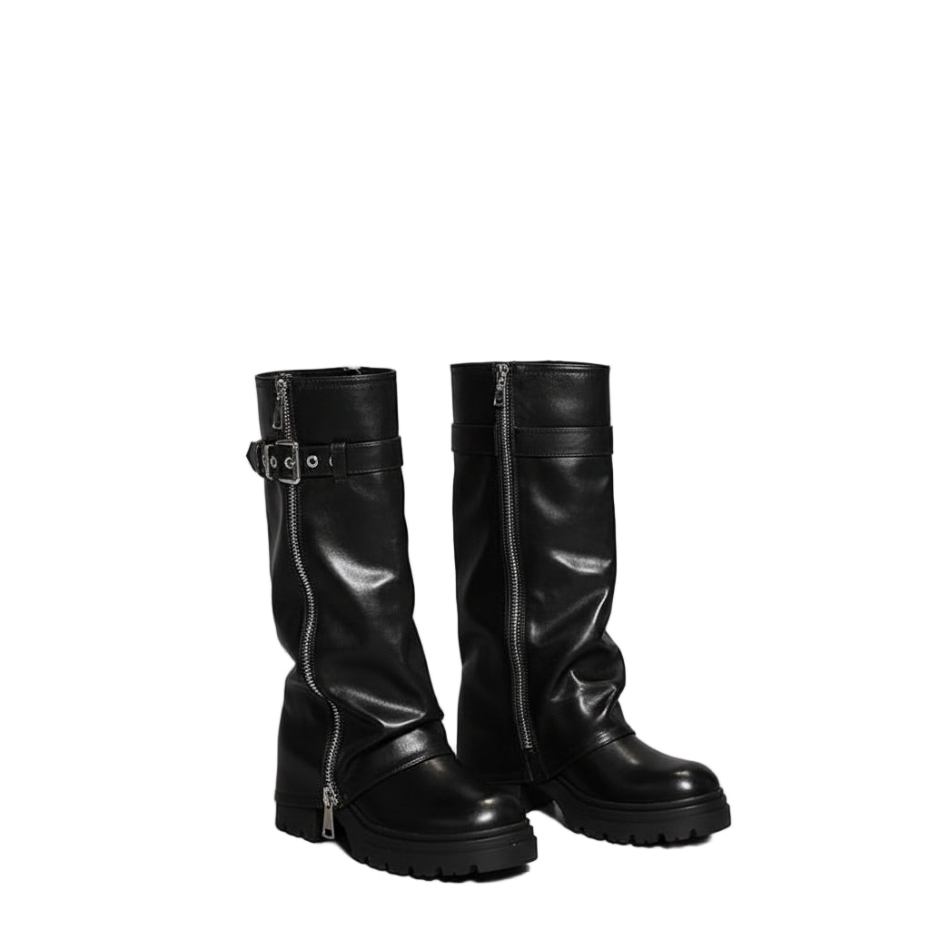Leather Chunky Heel Mid Calf Platform Over Knee Boots Fold Over Boots
