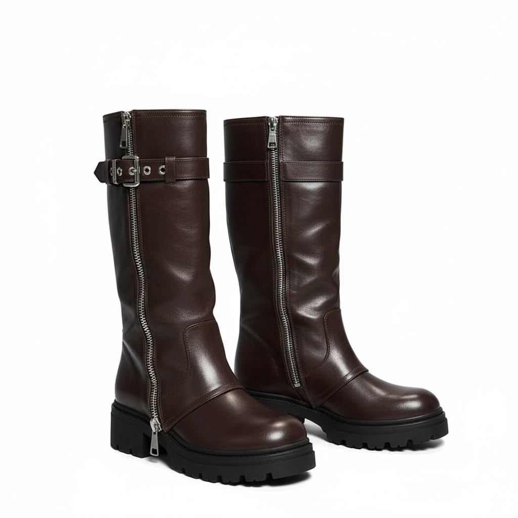 Leather Chunky Heel Mid Calf Platform Over Knee Boots Fold Over Boots