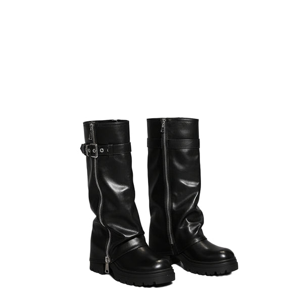 Fold Over Mid Calf Biker Boots Uk Leather Chunky Heel Mid Calf