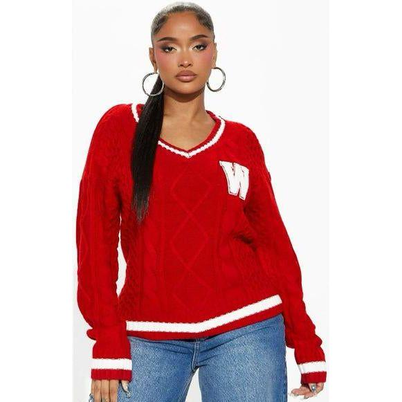 Letter Pattern Cable Knit Drop Shoulder Cricket Sweater