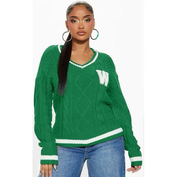 Letter Pattern Cable Knit Drop Shoulder Cricket Sweater