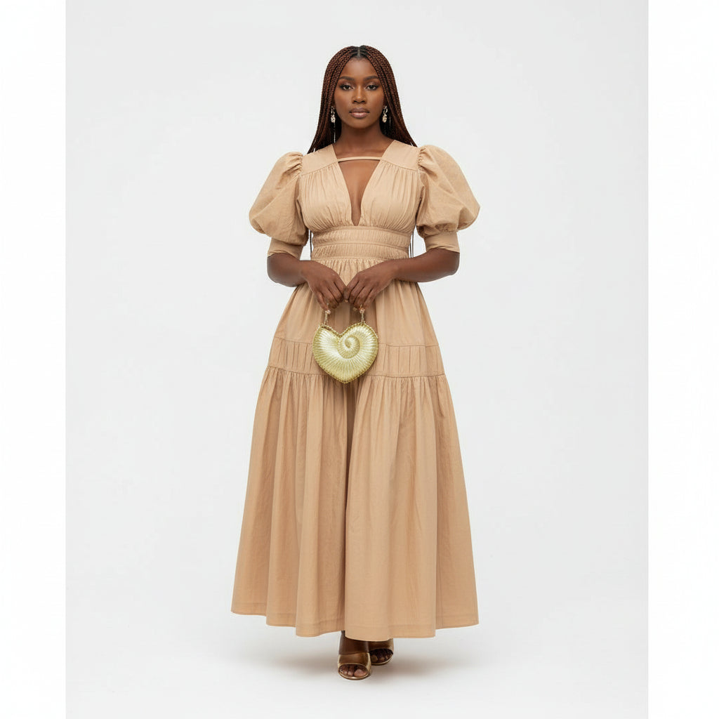 Elegant Bubble Sleeve Pleated Maxi Dress