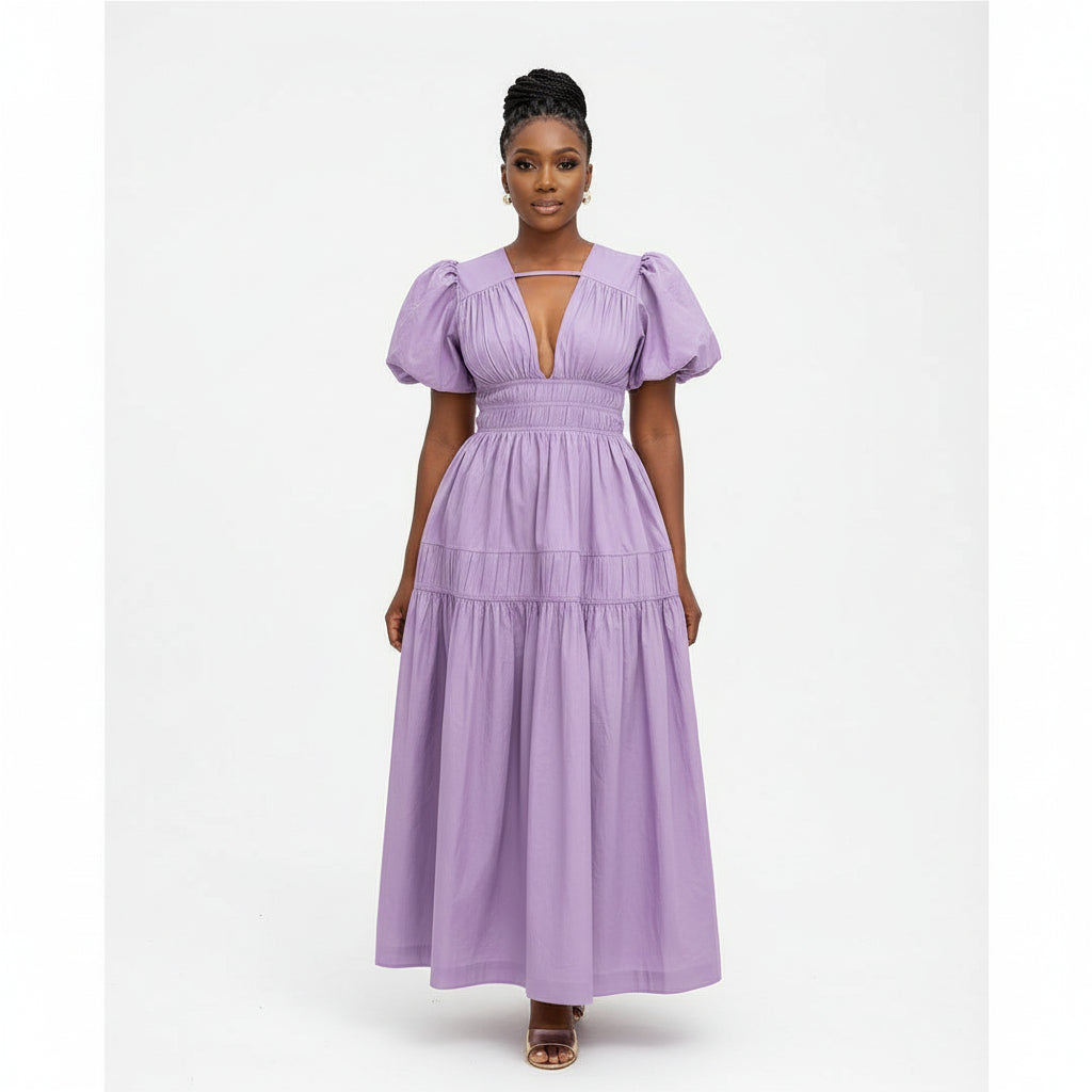 Elegant Bubble Sleeve Pleated Maxi Dress