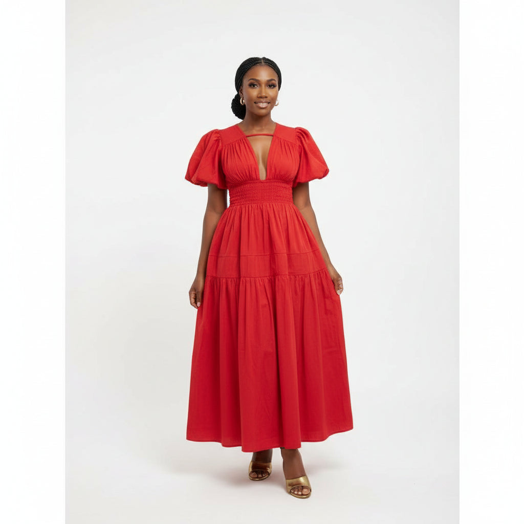 Elegant Bubble Sleeve Pleated Maxi Dress