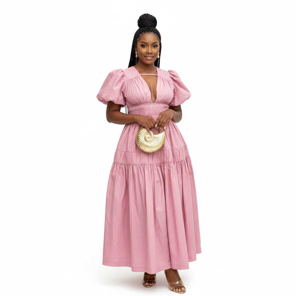 Elegant Bubble Sleeve Pleated Maxi Dress