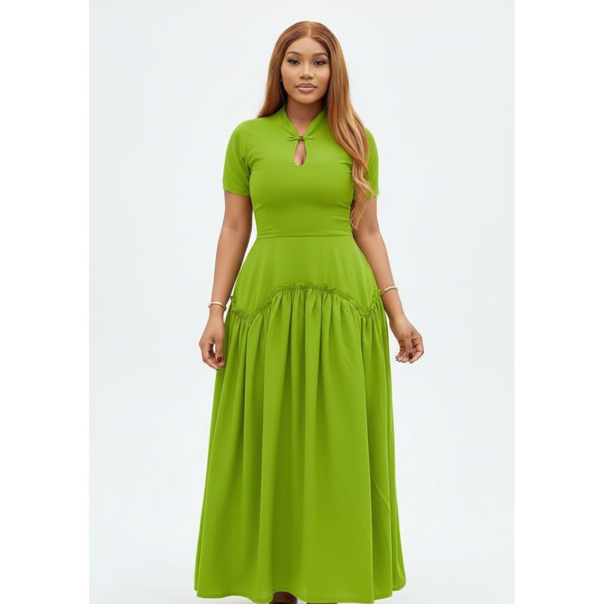 Draped Short Sleeve Pleated Maxi Dress