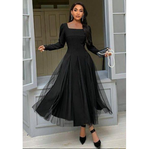 Pleated Squire-Neck Lace Patchwork Dress.