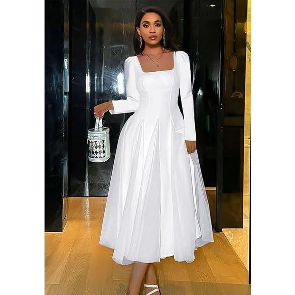 Pleated Squire-Neck Lace Patchwork Dress.