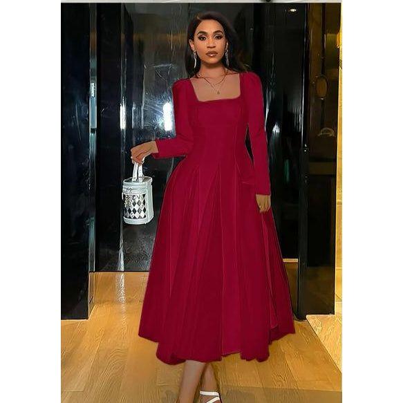 Pleated Squire-Neck Lace Patchwork Dress.